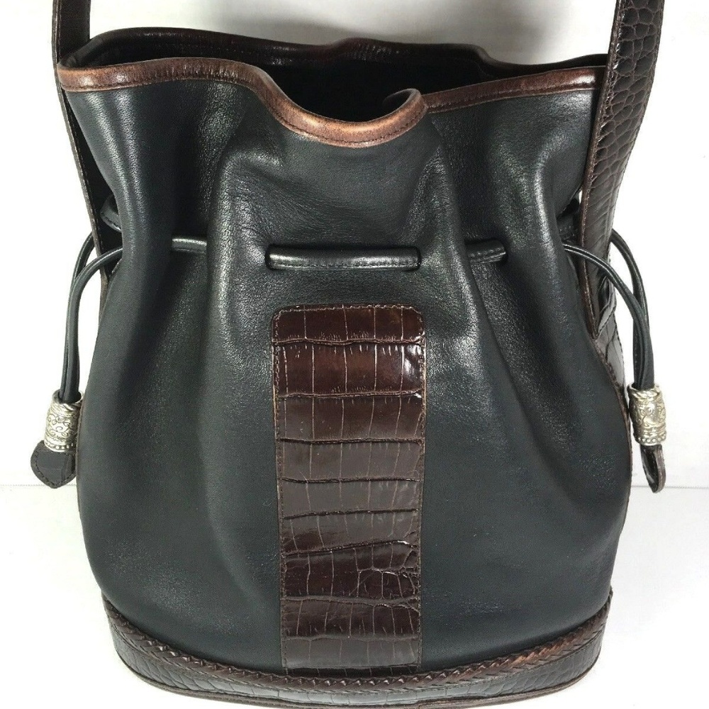 Bucket Bag Vtg Black Leather Brown Reptile Print